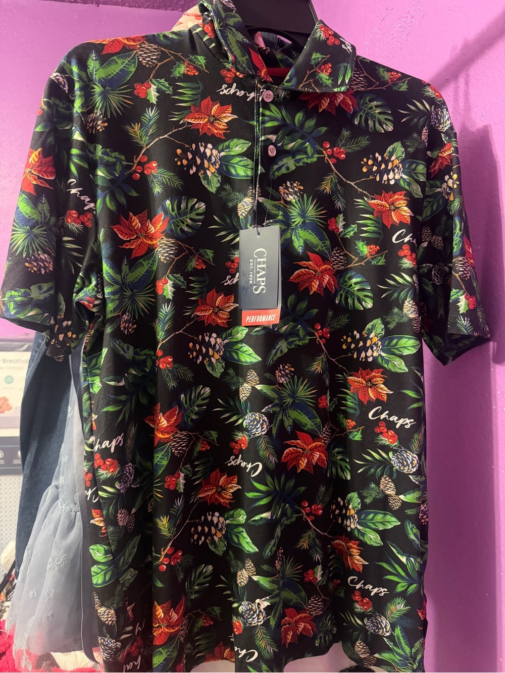 Chaps Black Polo with Tropical Floral Print